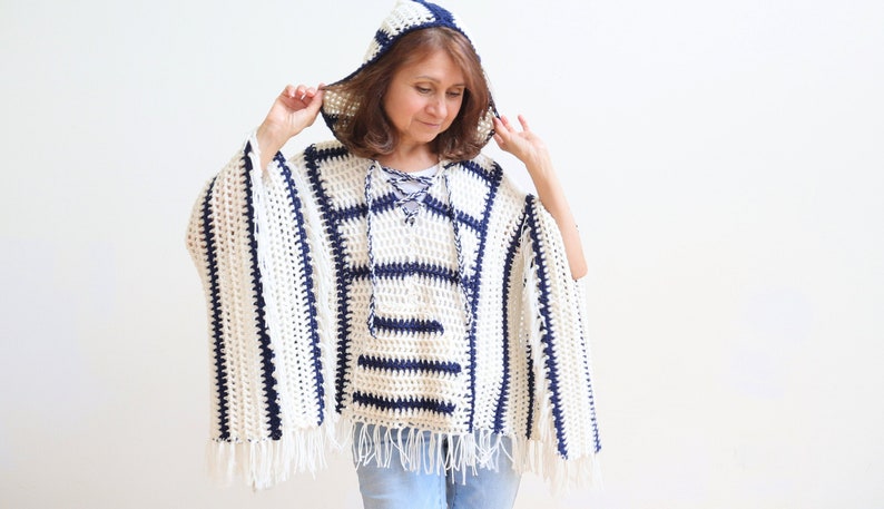 Crochet Poncho with Hood PATTERN. Crochet Hoodie. Summer poncho. Crochet BOHO poncho. Features hood, front pocket, ties and fun fringe image 1