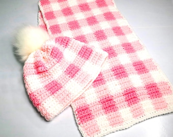 PATTERN for Crochet Gingham HAT and SCARF. Crochet checkered hat and scarf for women, children and men. Barbie movie inspired gingham.