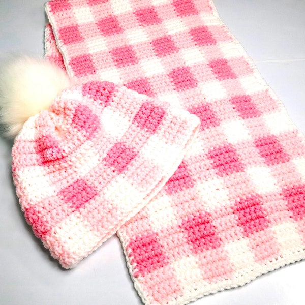 PATTERN for Crochet Gingham HAT and SCARF. Crochet checkered hat and scarf for women, children and men. Barbie movie inspired gingham.