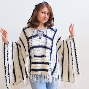 Crochet Poncho with Hood PATTERN. Crochet Hoodie. Summer poncho. Crochet BOHO poncho. Features hood, front pocket, ties and fun fringe image 2