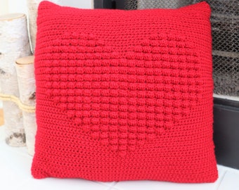 Crochet Heart Pillow Cover PATTERN. Crochet heart cushion cover uses the fun crochet bobble stitch. Great crochet Valentine's Day gift.