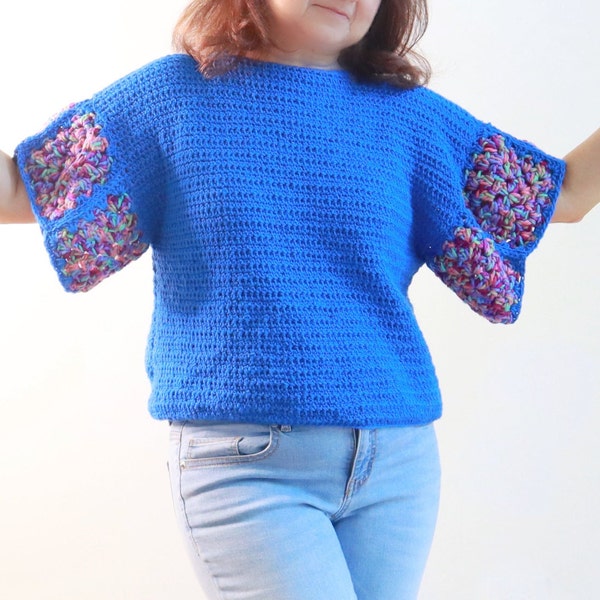 Crochet Top with Granny Square Sleeves PATTERN. EASY crochet granny square top for women and teens. Basic crochet stitches works up fast.
