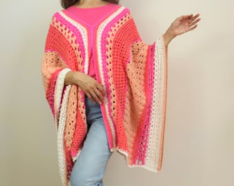 Crochet summer poncho PATTERN. Unique open front and sides poncho, closed in back.  Easy and fun! Lightweight yarn drapes beautifully.