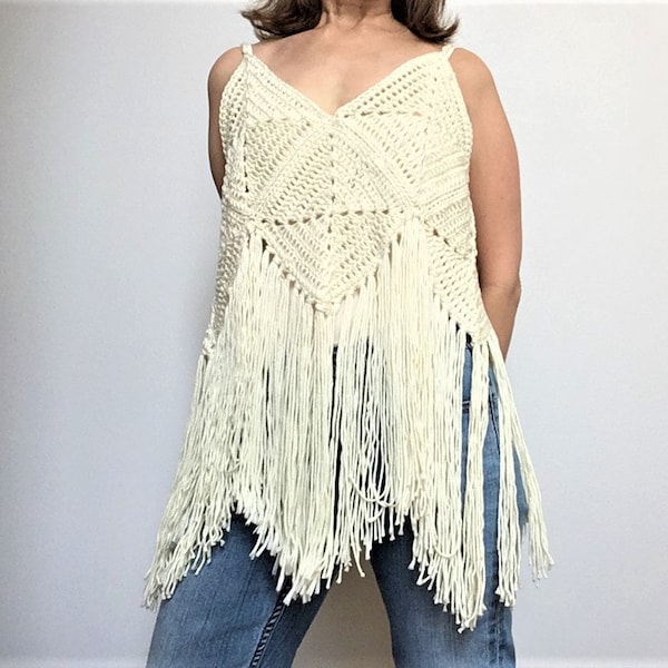 Crochet PDF PATTERN Boho Fringe Vintage Vest. Festival Top.  Fast easy granny squares perfect for crochet beginner..