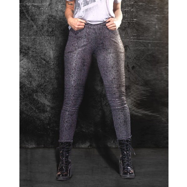 Biker Hose Treggings Baumwolle Lederoptik Steampunk Cyberpunk Endzeit apokalyptisch industrial Glam Rock Gothic veganes Kunstleder