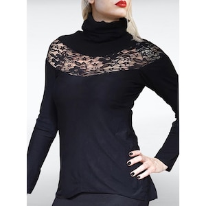 Lorre Lace Gothic Turtleneck Longsleeve Women, Lace Insert Shirt, Victorian Gothic Top, Handmade, Dark Romance Fashion, Black Knit Collar