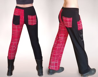 Sweat pants unisex jogging pants wide mens genderless comfy punk pants red black checked  two legged legs different colours