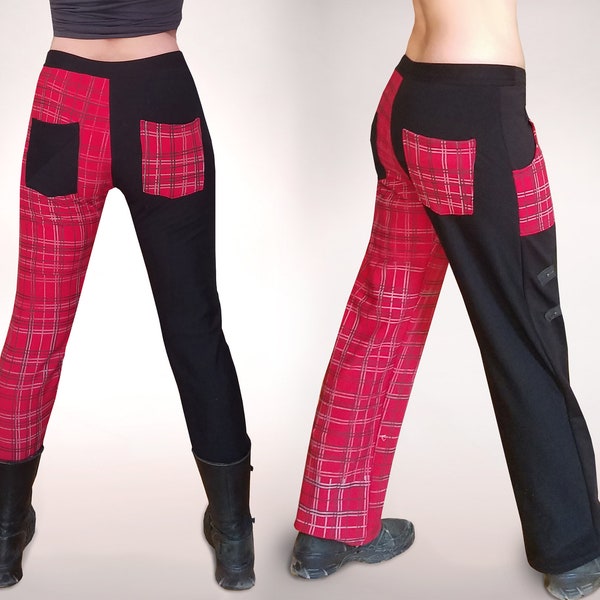 Sweat pants unisex jogging pants wide mens genderless comfy punk pants red black checked  two legged legs different colours