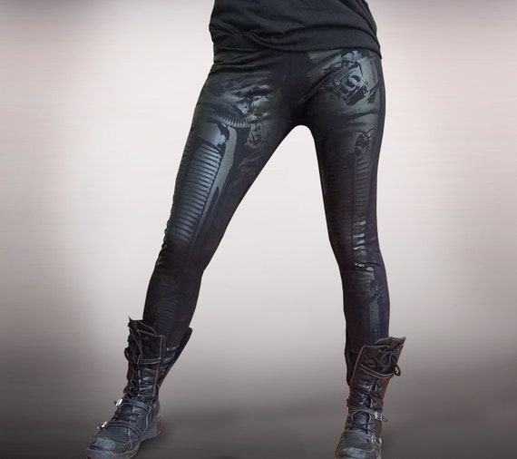 Cyberrobo Treggings Leggings Black Women's Pants Elastic Yoga Roboprint  Robot Cyberpunk Gothic Rocker Glamrock LARP Psywear 