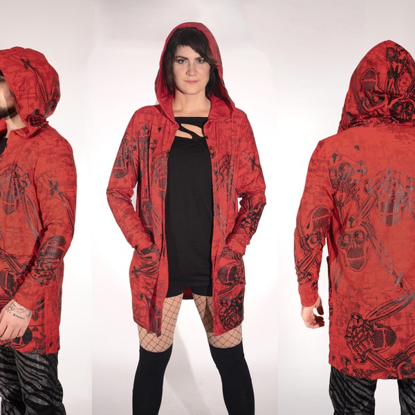 Cybermonkey red gray red gray hoodie jacket long hoodie buttoned genderless unisex - tech wear - extravagant - unique - slow fashion Berlin