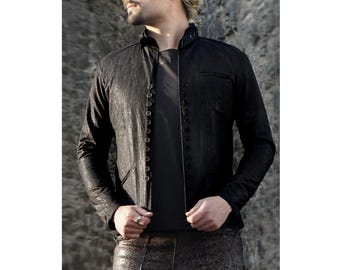Bad Mili Men's Military Jacket, Distressed Print Black Mud, Steampunk Jacket High Collar, Industrial Streetwear, Tactical Outerwear