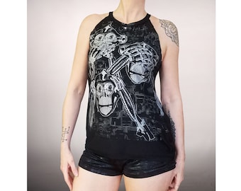 Cybermonkey Tank Racerback T-Rücken Tanktop Damen schwarz Affen Cyberpunk nichts sehen sagen Punk Heavy Metal Gothic Ska hybridpunkberlin