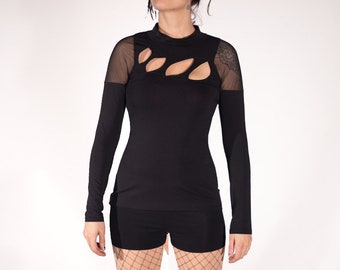 Cutout mesh longsleeve tight-fitting long sleeve top in black with transparent shoulders elegant slow fashion Berlin handmade cybergoth