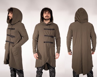 Long hoodie jacket asymmetric khaki hood oversize sweat jacket hoodie festival clothing genderless dystopian post-apocalyptic cyberpunk