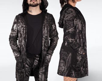 Cyber Apes Hoodie Jacke Unisex überlang, Cyberpunk Affen, Dystopian Outerwear, Handmade Berlin, Schwarz Silber, Techno Festival Mantel