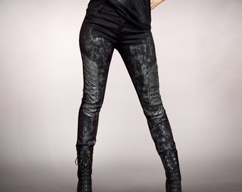 Gunmetal Pants black women's pants unisex pants with grey print in leather look cyberpunk end times post-apocalyptic industrial gothic punk