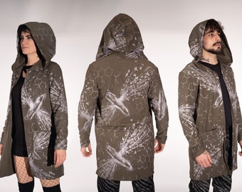 Stardust khaki black hoodie long lange hoodiejacke oliv grün schwarz mit print avantgarde dystopisch futuristisch techwear genderless