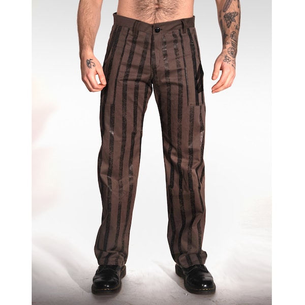 Gypsy Pants Herrenhose gestreift Steampunk braun graubraune Hose Männer gerader Schnitt schwarze Streifen Anzughose Baumwolle Cyberpunk