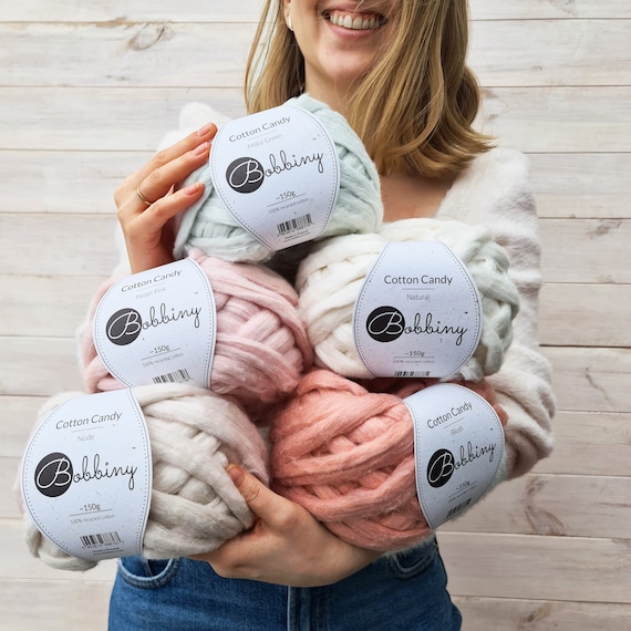 Bobbiny Cotton Candy, cotton roving, recycled cotton weaving supplies, vegan friendly roving