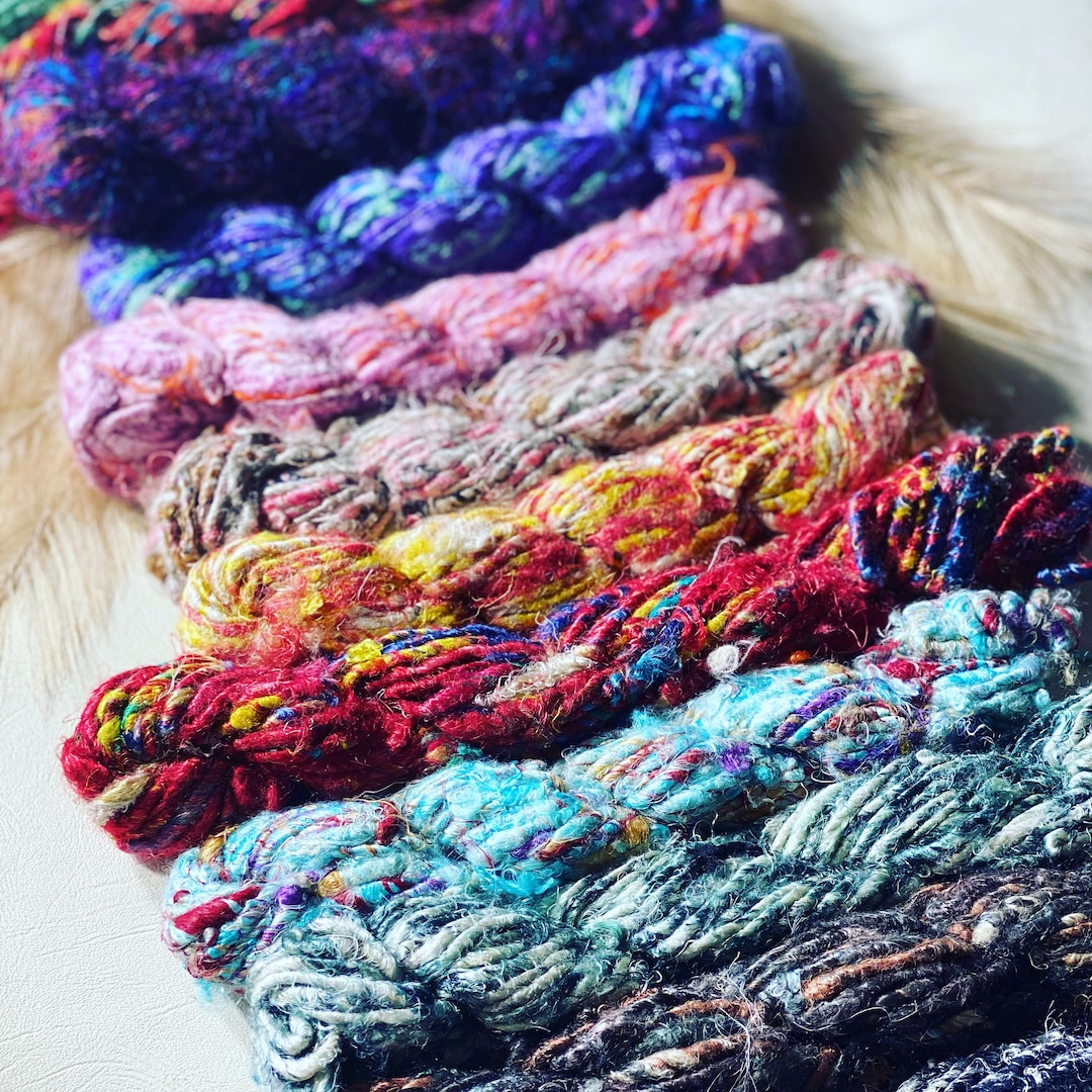 Banana Silk Yarn, Banana Fibre, Sari Silk Recycled Yarn. Thick and Thin