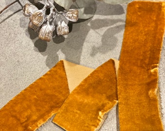 Desert | Hand Dyed, Silk Velvet Ribbon, Weaving velvet, Velvet Ribbon, velvet strips, weaving fabric, yellow, gold