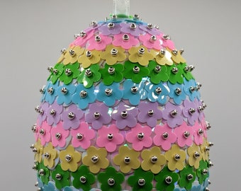 Pastel Rainbow Flower Sequin Egg Ornament