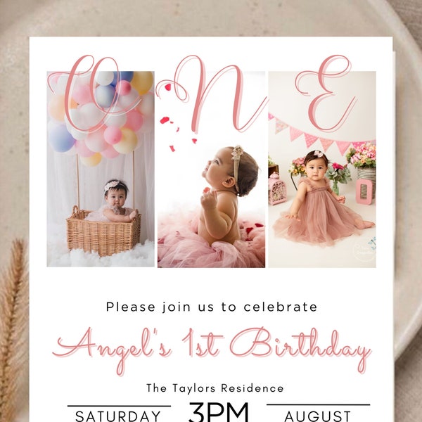 1st Birthday Invitation Girl, Minimal 1st Birthday Invitation Template, Editable First Birthday Photo Invitation Template, Pink Birthday