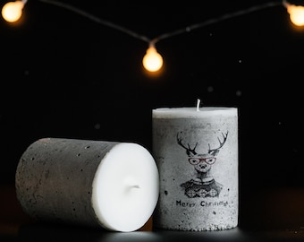 Concrete candle. Christmas candle.  Merry Christmas. Happy New Year. Scented gift. Scandinavian style. Modern decor. Vanilla flavor.