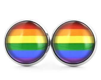 SCHMUCKZUCKER Edelstahl Ohrstecker mit Motiv Regenbogen Flagge LGBTQ Bunt Silber 2 Größen