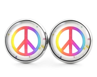 SCHMUCKZUCKER Edelstahl Ohrstecker mit Motiv Peace Zeichen Bunt Silber 2 Größen