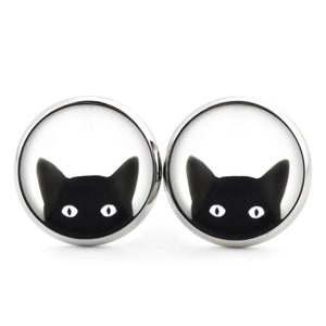 JEWELERY SUGAR stainless steel ear studs silver with a cheeky cat motif black and white