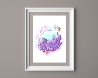May include: A glass bottle with a cork stopper filled with a purple liquid sits on top of a cluster of purple crystals. The crystals are surrounded by a soft, pink and blue glow.