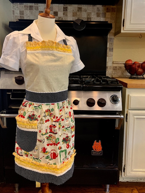Retro Kitchen Full Hostess Apron with Yellow Ruffles Cream Etsy