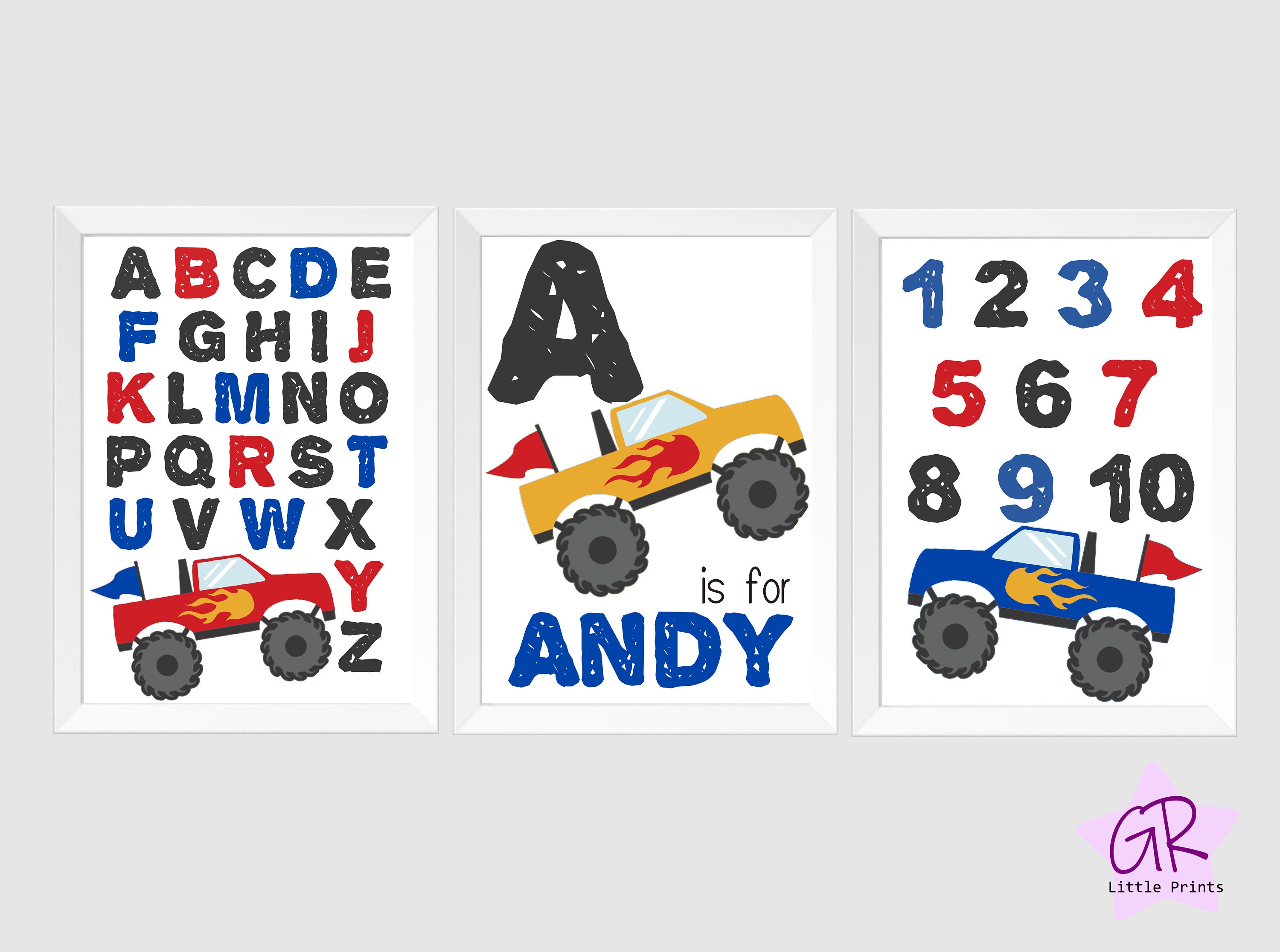 Monster truck alphabet numbers 3 print set with custom name. | Etsy