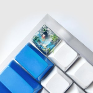 May include: A blue and white keyboard with a single key replaced with a custom keycap. The keycap is clear and features a colorful image of a person in a forest scene.