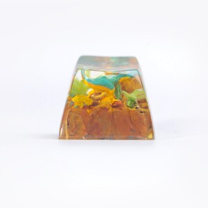 May include: A clear resin keycap with a colorful, abstract design featuring shades of blue, yellow, and green. The design resembles a landscape with flowers and foliage.