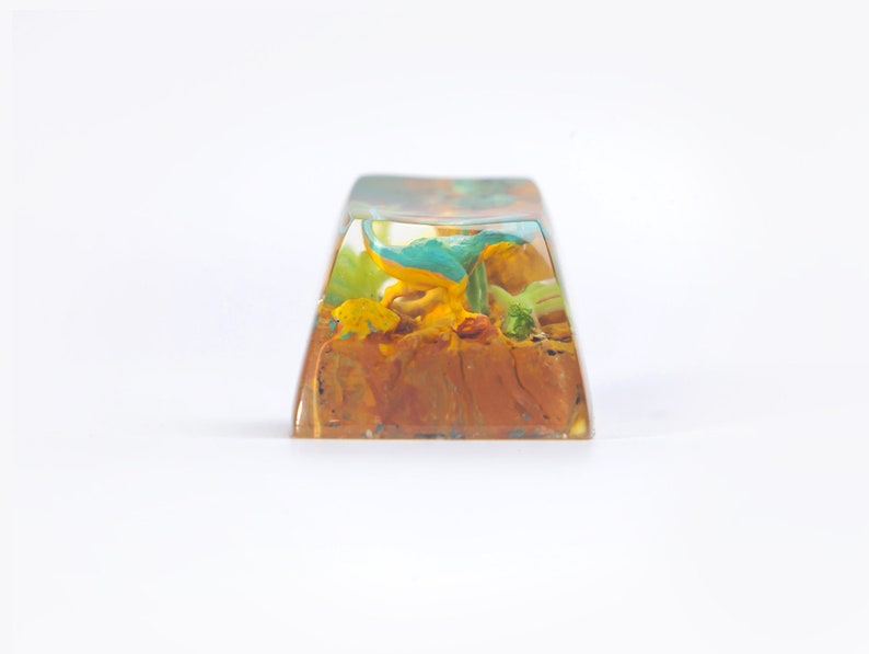May include: A clear resin keycap with a colorful, abstract design featuring shades of blue, yellow, and green. The design resembles a landscape with flowers and foliage.