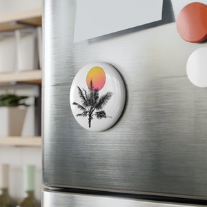 Button Magnet, Round, Palm Tree, Nature, Tropics, Tropical, Sunrise, Sunset, Pride