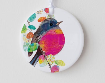 Pink Robin Ceramic Ornament | Ornament | Decoration | Hand Printed | Christmas Decoration | Australian Birds | Pink Robin | Robin | Birds