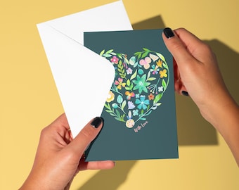 Floral Heart Card | With Love Greetings | Anniversary Note | Hand-Illustrated Flower Design