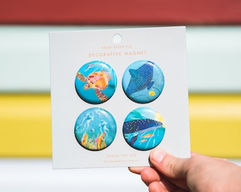 Under The Sea Magnet Set | Fridge Magnets | Humpback Whale | Eagle Ray | Sea Turtle | Blue Box Jellyfish | Ocean Magnets | Sea Creatures