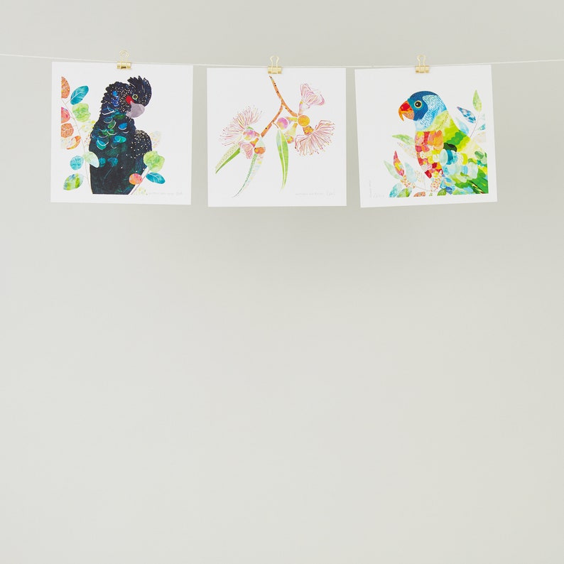 May include: Three framed prints hanging on a white wall. The left print features a black cockatoo with a red beak. The middle print features a pink flower with green leaves. The right print features a colorful parrot with blue, green, yellow, and red feathers.