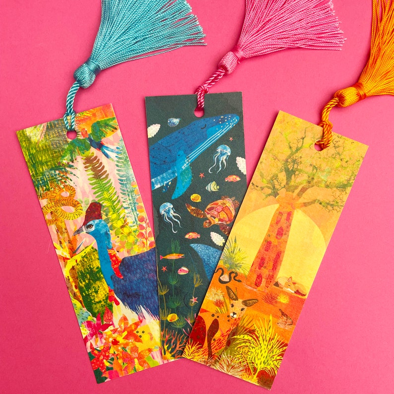 Illustrated Bookmark Set Of 3 Ocean Jungle Outback Travel Inspired Sustainable Bookmark Book Gift Book Lover Colourful Gift image 1