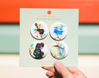 Australian Native Bird Magnet Set | Fridge Magnets | Black Cockatoo | Kookaburra | Splendid Fairy-Wren | Willie Wagtail | Magnet Set of 4