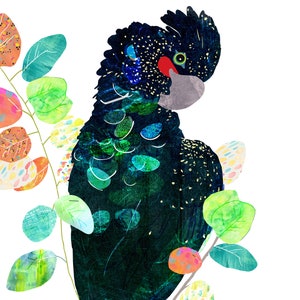 May include: A black cockatoo with a red and green eye perched on a branch of green leaves with colorful accents.