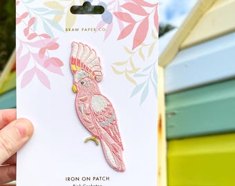 Aplique de pássaro australiano bordado em patch de ferro com cacatua rosa