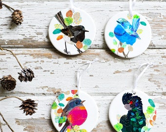 Set of 4 Native Bird Ceramic Ornaments | Ornament | Decoration | Hand Printed | Christmas Decoration | Australian Birds | Bush Birds | Birds