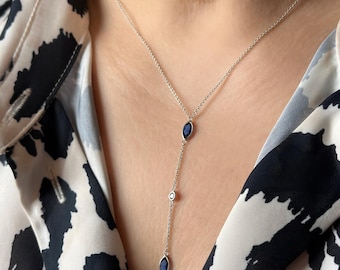 Collana in oro bianco 14k con zaffiri, gioielli minimalisti, collana in oro bianco 14k, regalo per lei, gioielli da sposa, delicata collana con pietre preziose