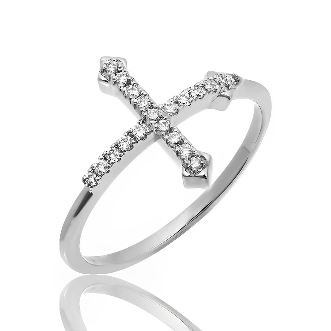 14k Solid Diamond Sideway Cross Ring, Dainty Cross Band, Gold Cross