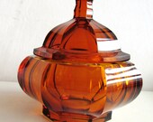 Bohemian ART DECO Amber Cut Glass Jewelry Trinket Powder BOX Paper label
